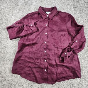 100% Linen J Jill Blouse XS Love Linen Maroon Button Front Shirt‎ Top Burgundy